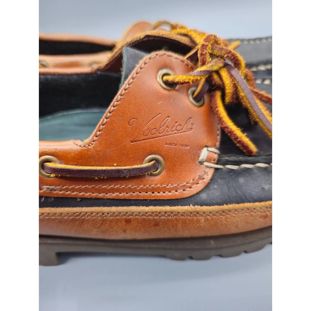 WOOLRICH Men's Navy Brown Leather Boat Loafers Shoes Size 7 Made in Italy